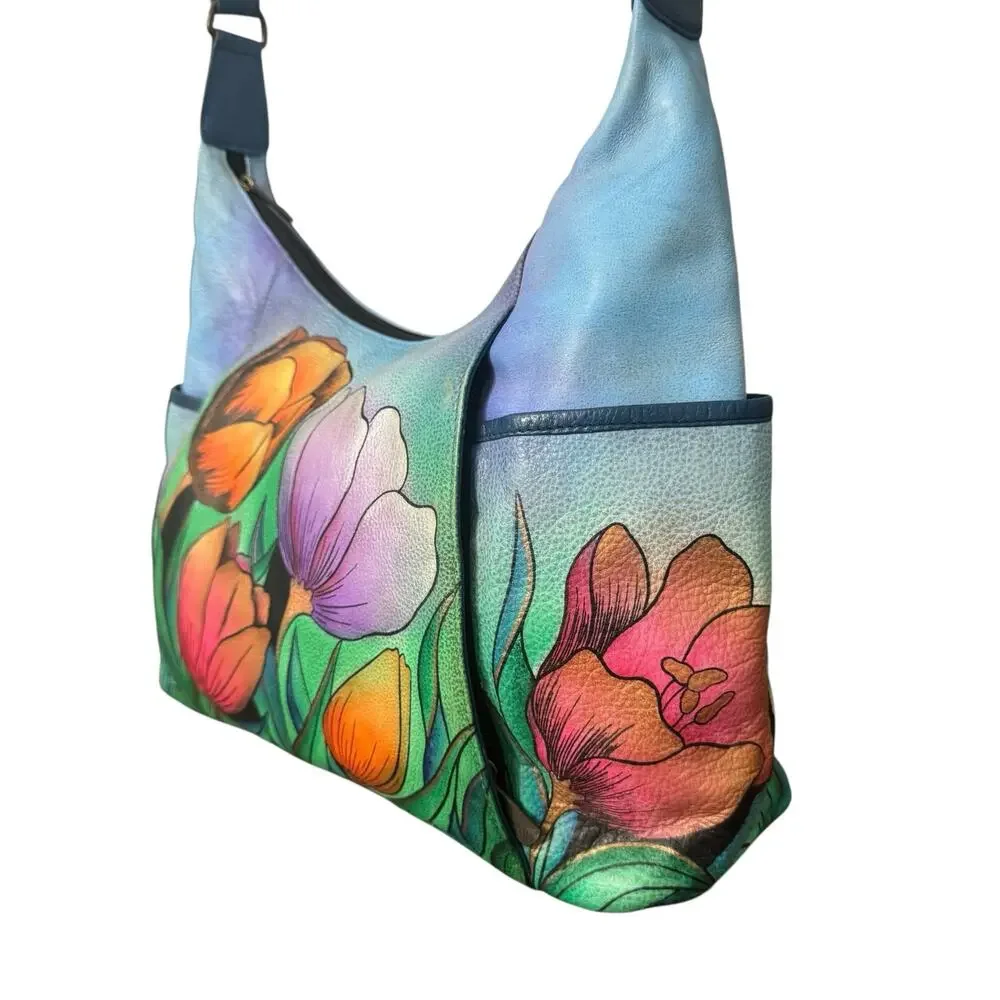 NWT! Anuschka Hand Painted Tulips Leather Hobo Handbag with Card Wallet